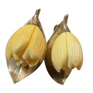 Vintage Sterling Silver & Yellow Bakelite Tulip Flower Clip-On Earrings 1"H